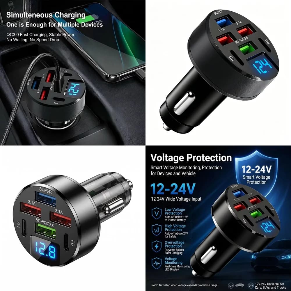 100W 6 Port Car Charger with Digital Display QC3.0 PD SCP Multi Port USB Fast Charging Adapter for Samsung iPhone Tablet