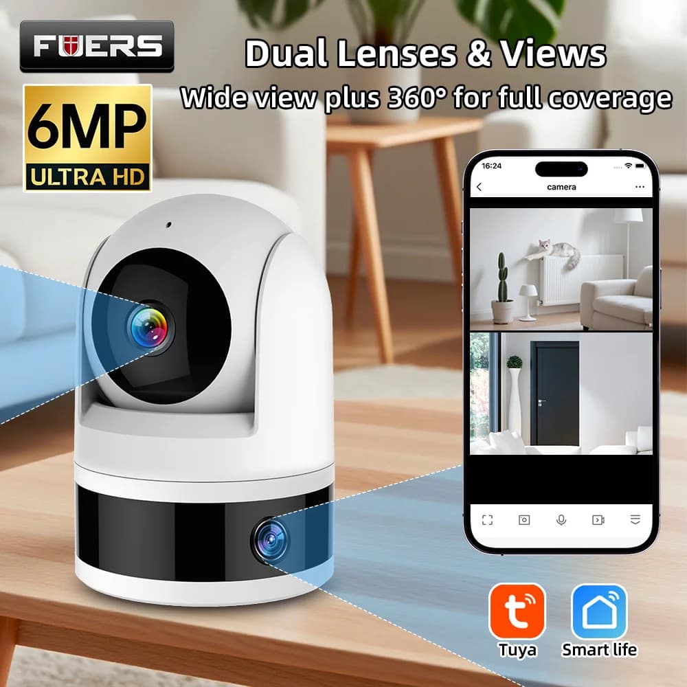 FUERS 3K 6MP Dual Lens Tuya Smart Telecamera di sicurezza Telecamera per cani da compagnia Baby Monitor AI Auto Detec Mini telecamera IP WiFi wireless per interni