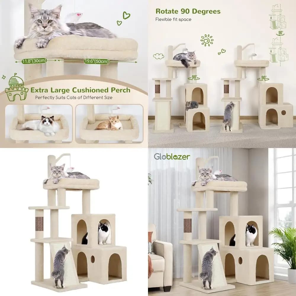 50 robusti alberi per gatti da interno per gatti di grandi dimensioni, beige, con ampio ponte imbottito, antigraffio in sisal, 2 condotti accoglienti