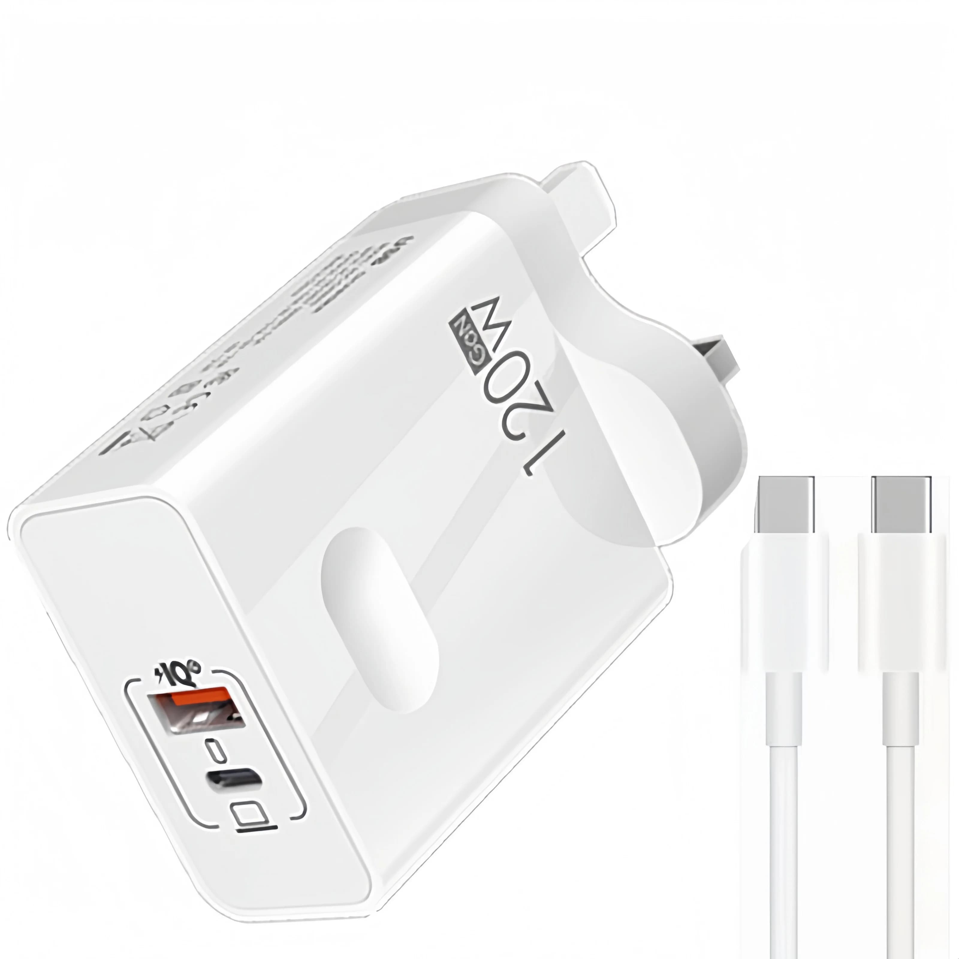 UK Plug 120W GaN Charger Dual Type-C USB-A PD QC Fast Wall Charger with Type-C Cable Travel Power Adapter