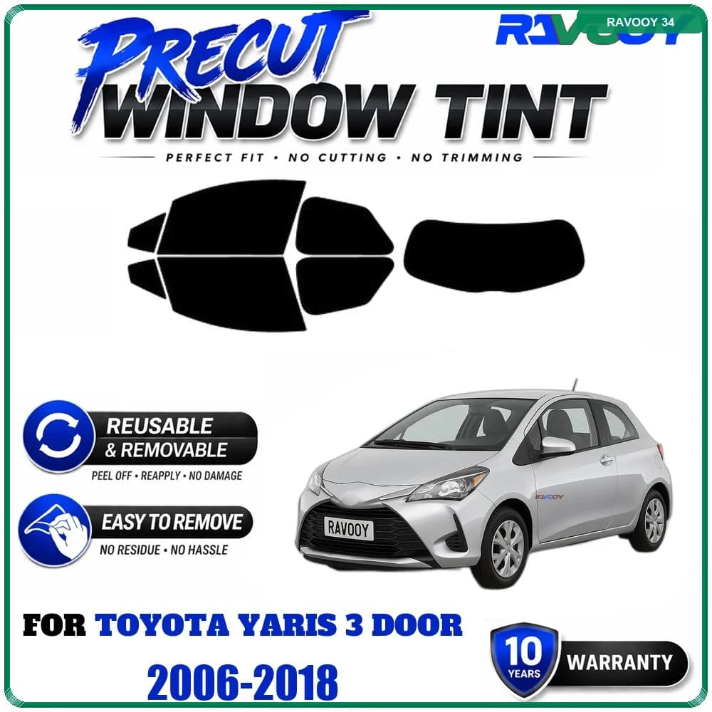 RAVOOY Precut Window Tint, Reusable Removable EPU Film, Custom Fit for Toyota Yaris 3 Door 2006-2018, UV Heat Protection