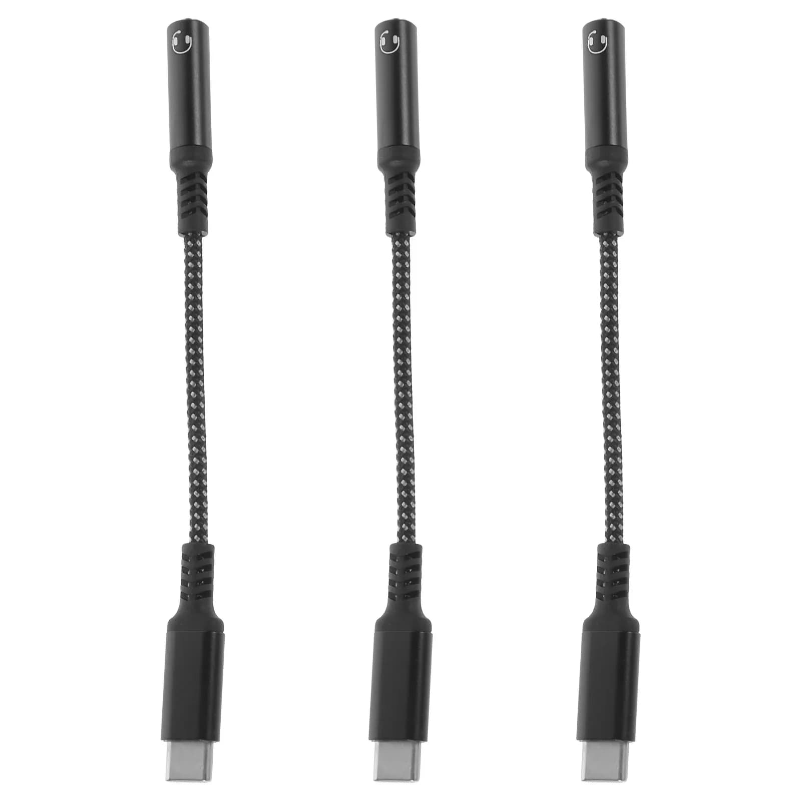 3-piece headphone adapter cable type C to 3.5 mm, nylon and aluminium alloy, USB C to 3.5 mm audio jack, for telephone music