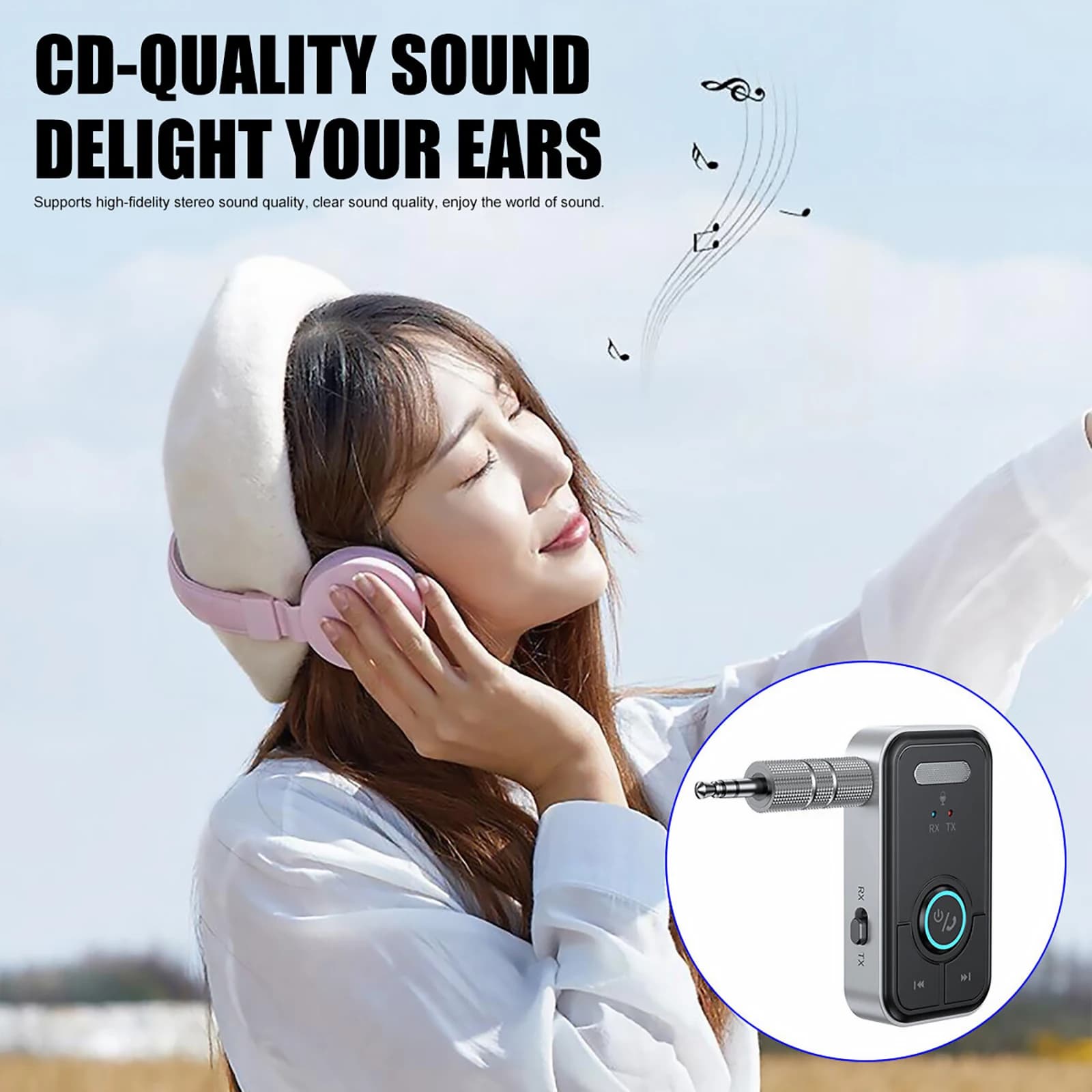 Bluetooth 5.3 2-in-1 Receiver and Transmitter with 3.5mm AUX Kit for Auto, TV, PC, Wireless Audio Adapter with 300mAh Battery and Single Key Switch