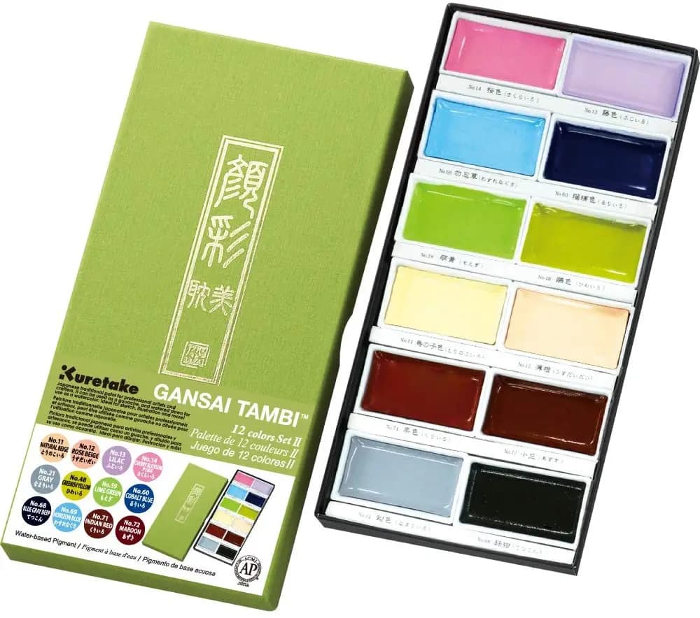 Kuretake GANSAI TAMBI Watercolor Paint Set, 12/18/24/36/48 Colors set, Professional-Quality for Artists and Crafters