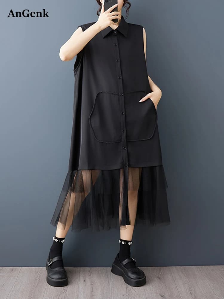 2026 Summer New Balck Vintage Mesh Patchwork Shirt Dresses For Women Sleeveless Casual Loose Midi Dress Fashion Elegant Clothing