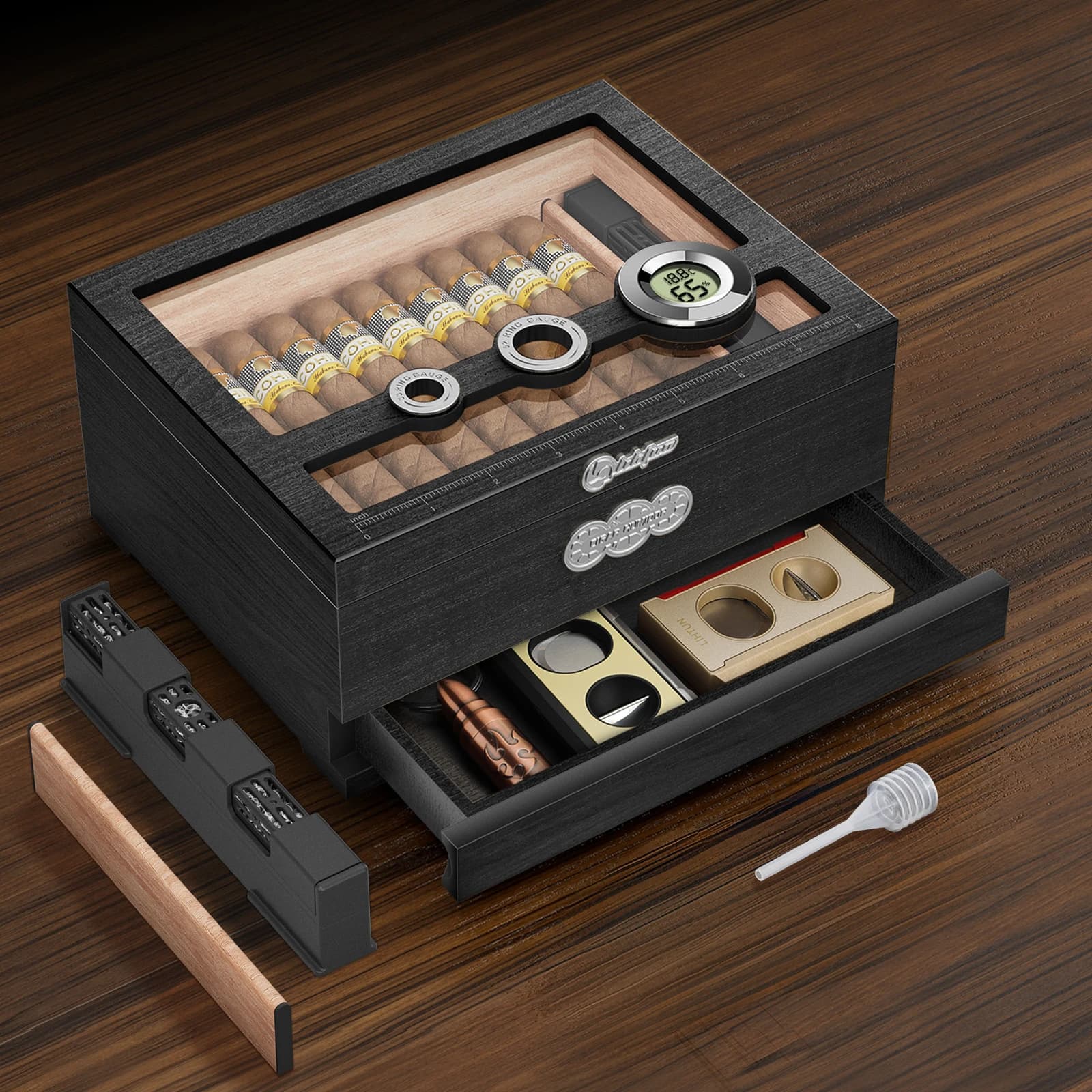 Humidor per Sigari in Legno di Cedro con Igrometro Digitale, Umidificatore, Scala di Misurazione e Cassetto, Humidor da Tavolo con Coperchio in Vetro, Regalo