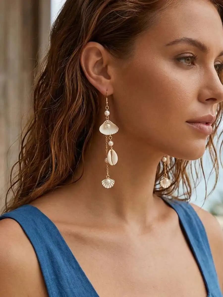 1 Pair Bohemian Ocean Style Shell, Seashell, Starfish Metal Alloy Earrings, Paired With Elegant Faux Pearl, Charming Jewelry Ear