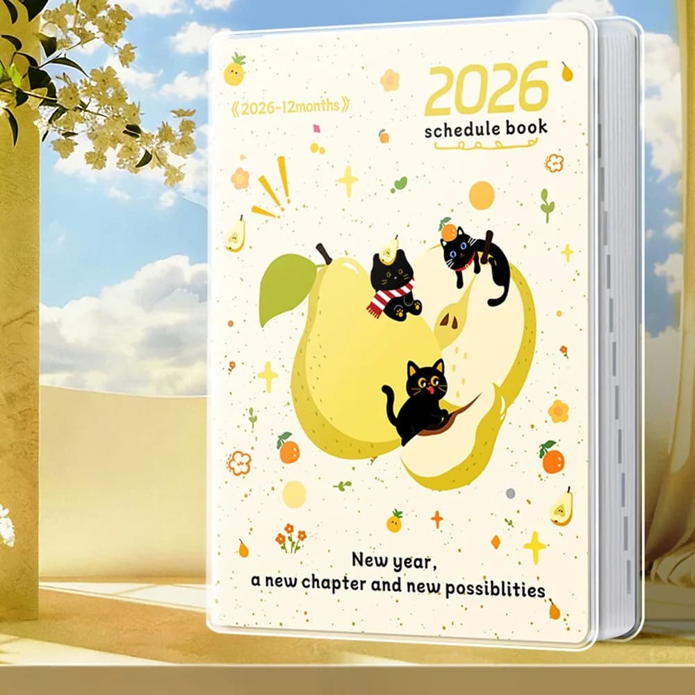 Quaderni A5 Fruit Kitten 2026 con Pagine Spesse, Agenda Giornaliera Portatile, Diario Gatto Nero per Efficienza Temporale, Forniture per Scuola e Ufficio