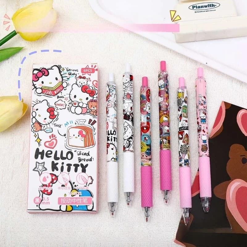 Set di 6 Penne Gel Hello Kitty con Inchiostro Nero, Retrattili, Design Cartoon KT, per Scuola, Ufficio e Regali