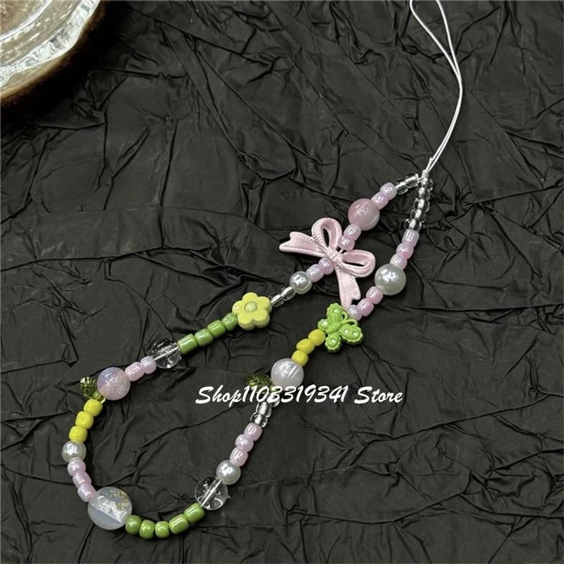 Coreano Y2K carino rosa bowknot fiore perline catena del telefono per accessori della fotocamera del telefono corda appesa anti-perso cordino appeso gioielli