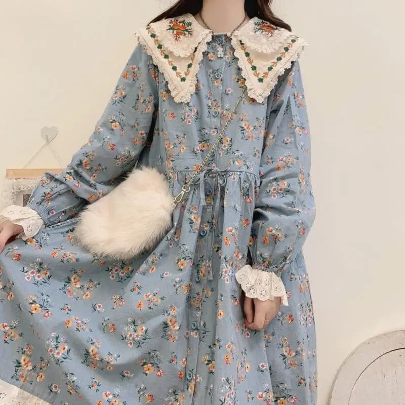 Autunno nuovo giapponese Kawaii stile dolce piccola fata fresca vita allentata ricamato piccolo fiore cardigan abito colletto bambola ABDL