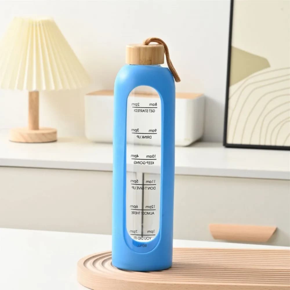 Portable Time-marked Glass Water Bottles Bamboo Lid Free of Lead Drink Bottle Sport Silicone Sleeve Sports Water Cup