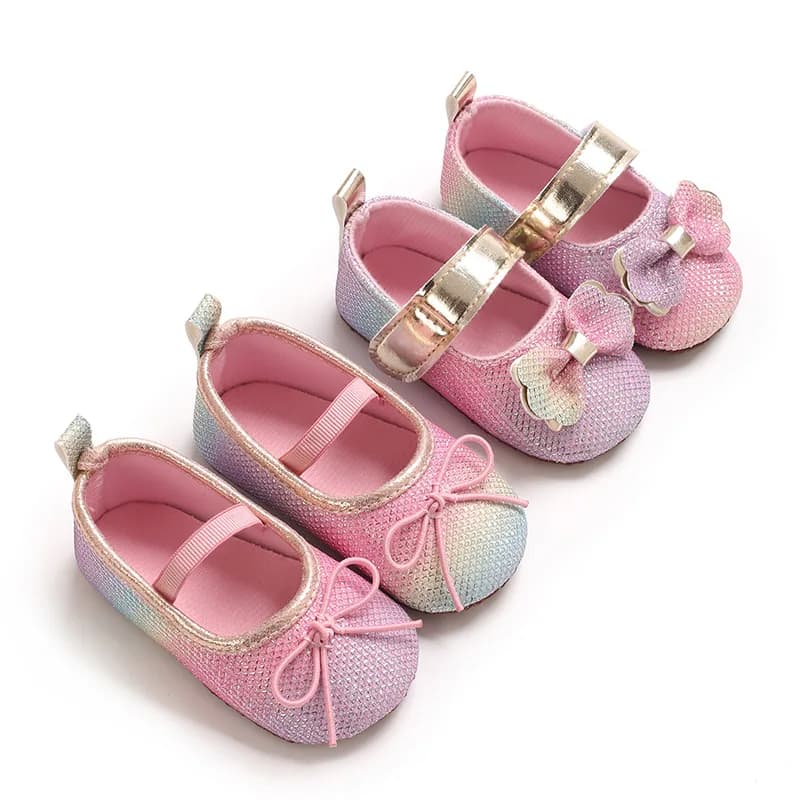 Scarpe per neonate 0-1 anni 2026 con tomaia sfumata glitterata e fiocco 3D, scarpe casual con chiusura in velcro/elastico
