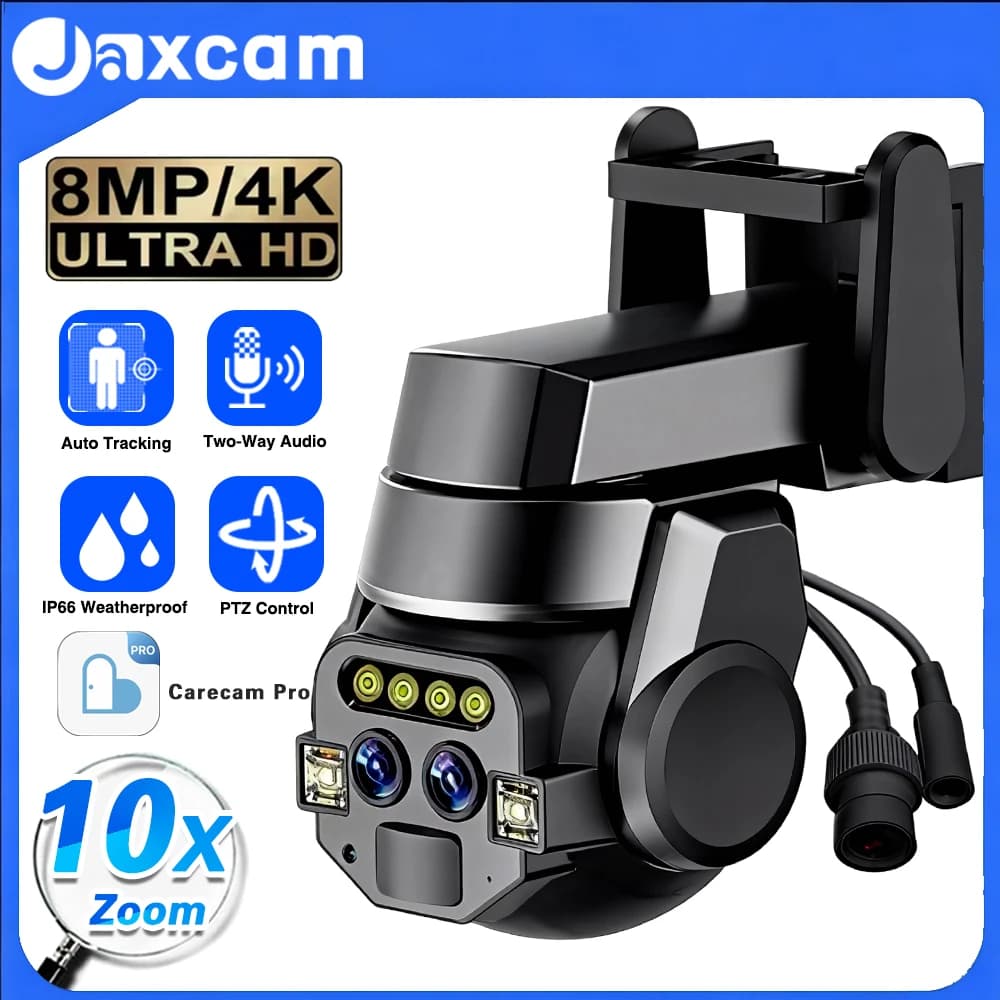 Carecam Pro 8MP 4K Dual Lens 10X Zoom HD Video Surveillance Camera Outdoor Waterproof Color Night Vision CCTV IP Camera