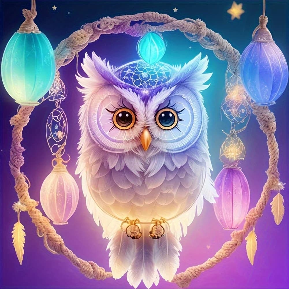 DIY Pastel Owl Dreamcatcher Diamond Painting Gradient Glowing Lantern Star Purple Night Scene Creative Gift Home Decoration