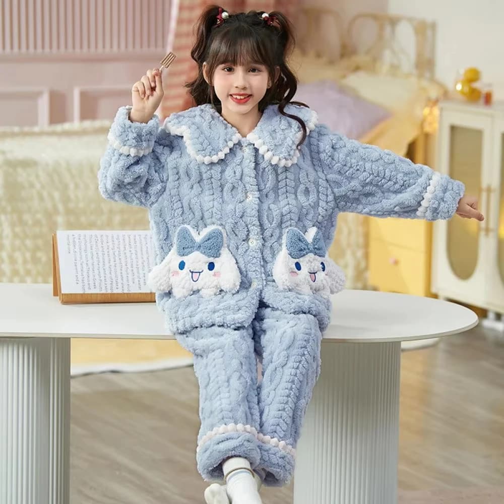 Sanrio Inverno Cinnamoroll Kuromi Bambini Kawaii Peluche Pigiama 2 Pz Bambini Cardigan Pantaloni Set Anime Cartoon Ragazze Caldo Homewear