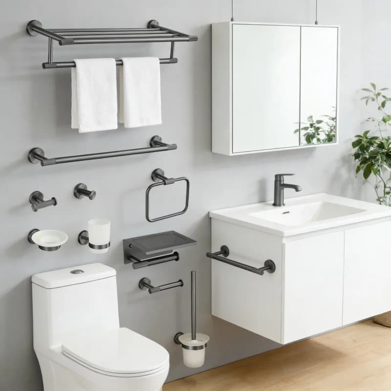 Grey Bathroom Hardware Set Accessories Kit Stainless Steel Round Wall Rack Hand Bar Toilet Roll Paper Holder Robe Towel Hook