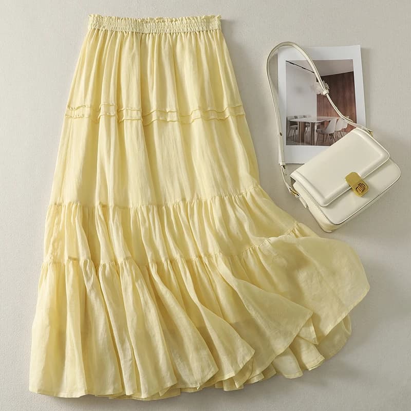 Summer Breathable Light Cotton Linen Yellow Multi-layer Cake Skirt Women's High-waist A-line Gored Skirt Korean Style Casual