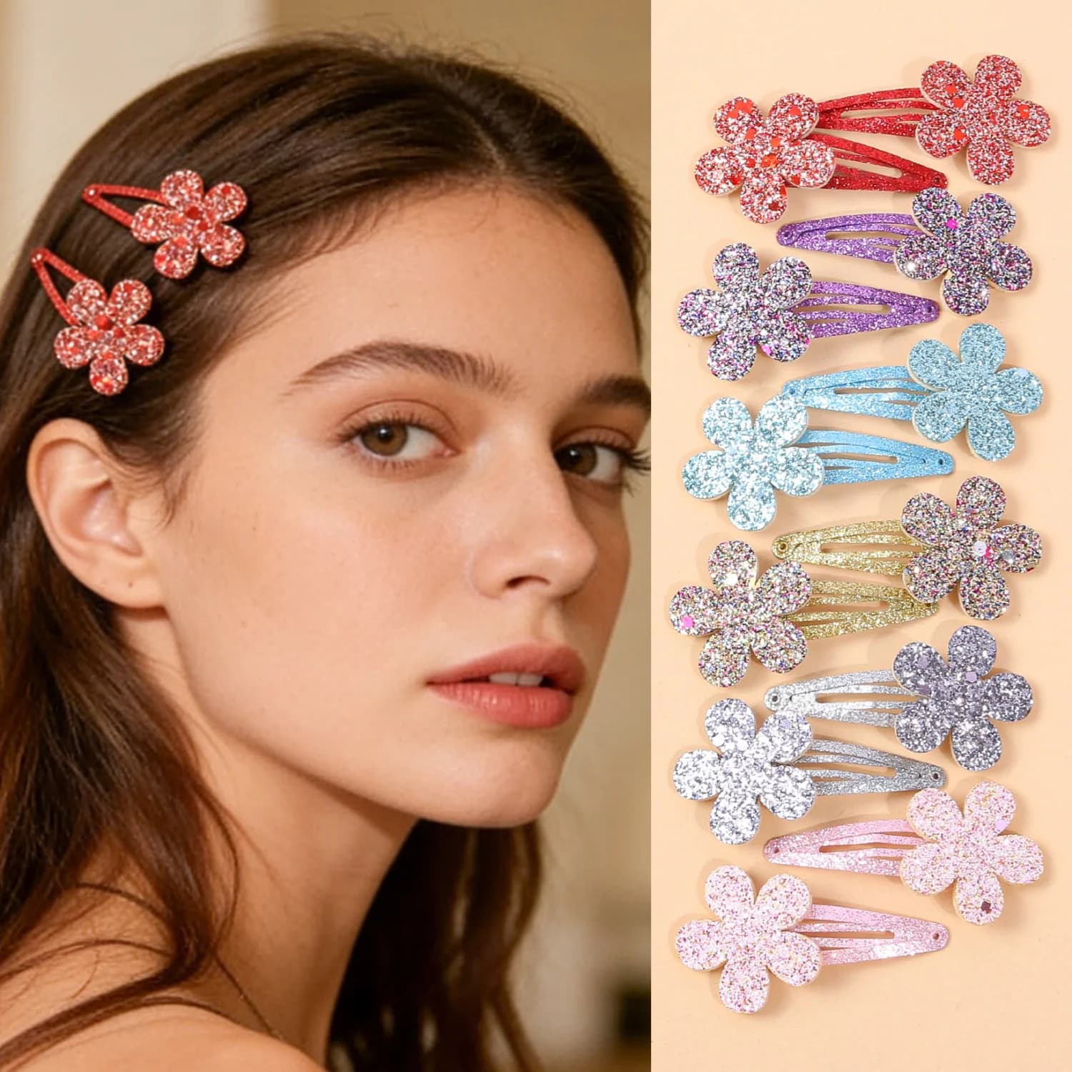 6/12 pieces, hair clip in the shape of a sparkly pink flower for girls without damaging fringes, accessory hair clip for princess hair.
