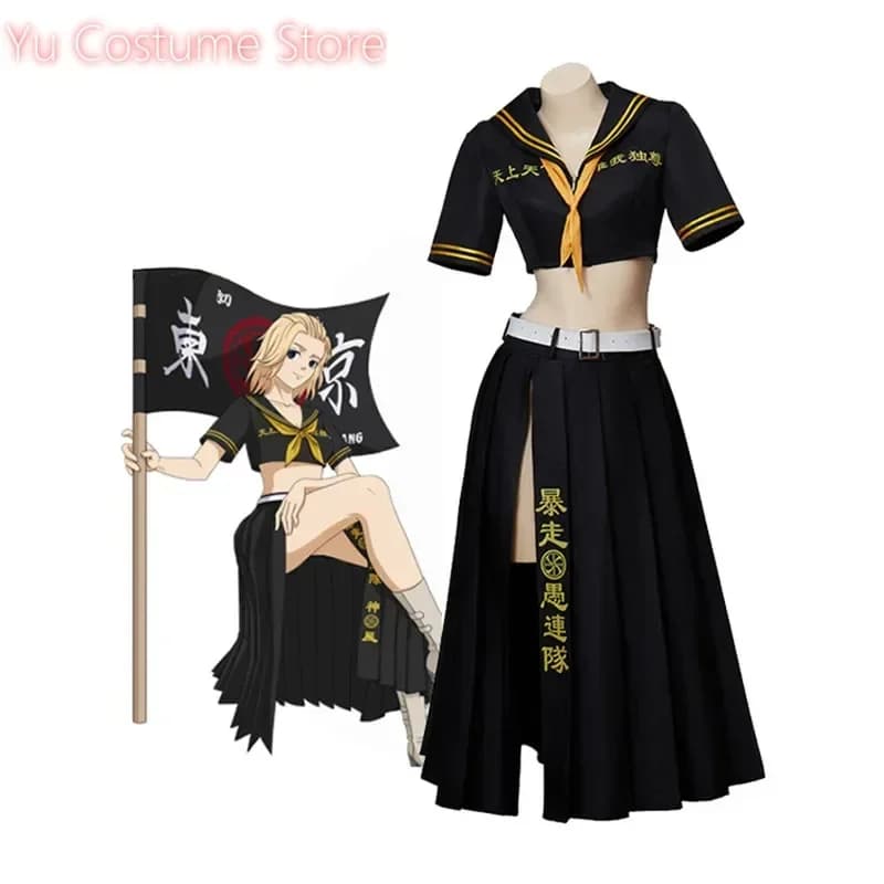 Anime Tokyo Revengers Mikey Manjiro Sano Costume Cosplay Nero Sexy Top Gonne UniformLonguette Donna Halloween Party Yu Costume
