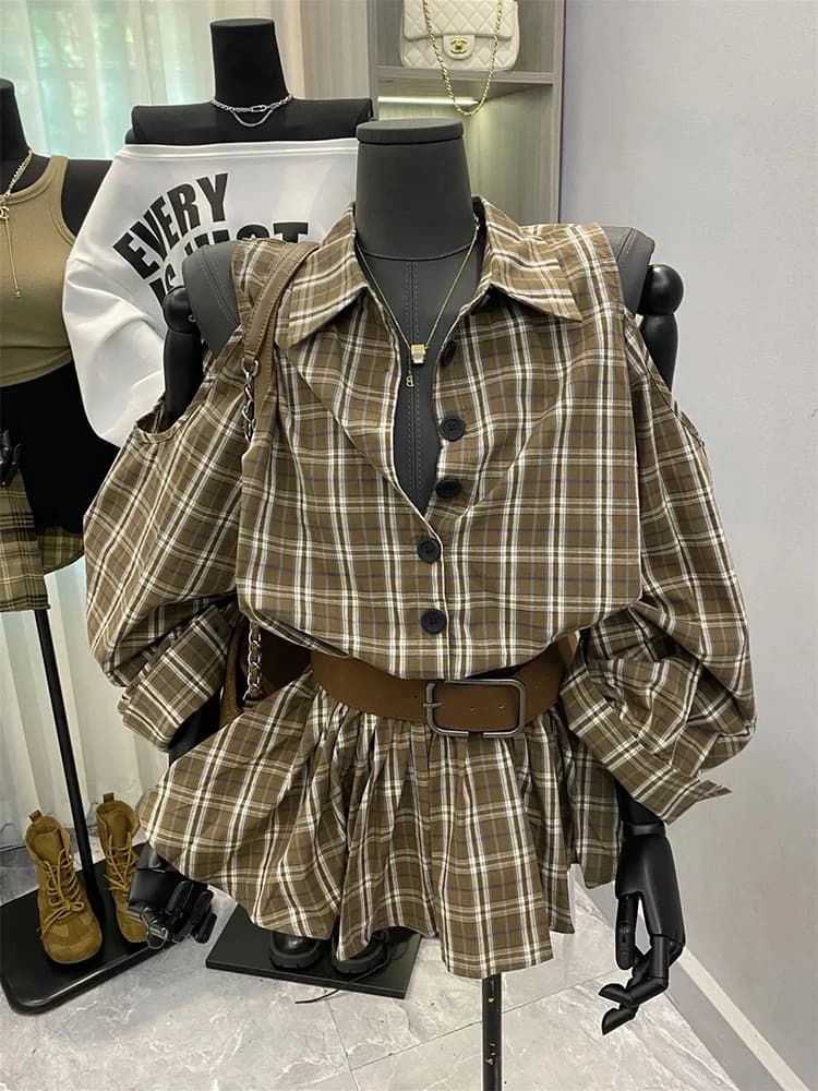 Camicia scozzese sexy con spalle scoperte Donna Y2K Autunno risvolto allentato Manica lunga Top casual Coreano Streetwear con camicetta con bottoni a cintura Nuovo