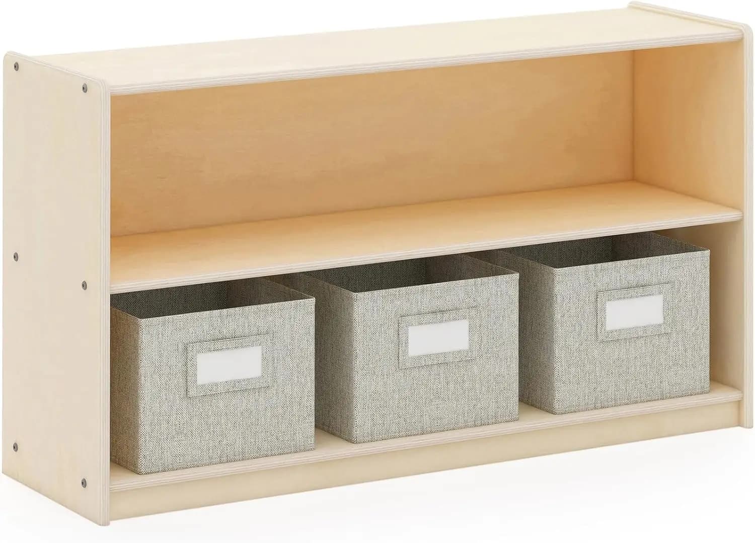 EdQ Portaoggetti aperto a due ripiani da 24'' naturale con 3 contenitori in tessuto: librerie in legno e organizer per riporre giocattoli; Ho