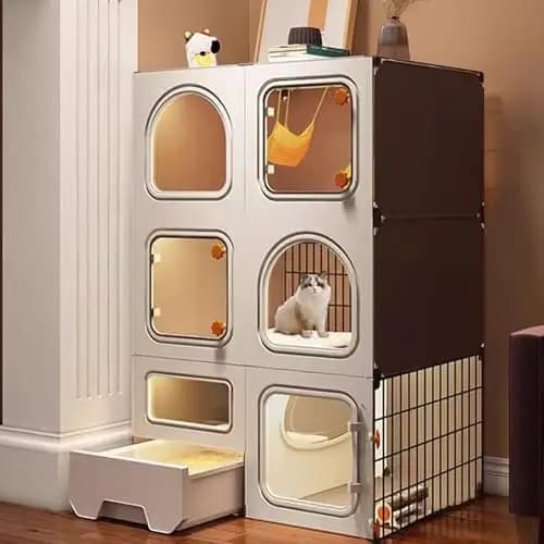 Gabbie per Gatti da Interno con Lettiera Completamente Chiusa, Recinto Fai-da-Te per Piccoli Animali, Area Gioco Multilivello, Personalizzabile
