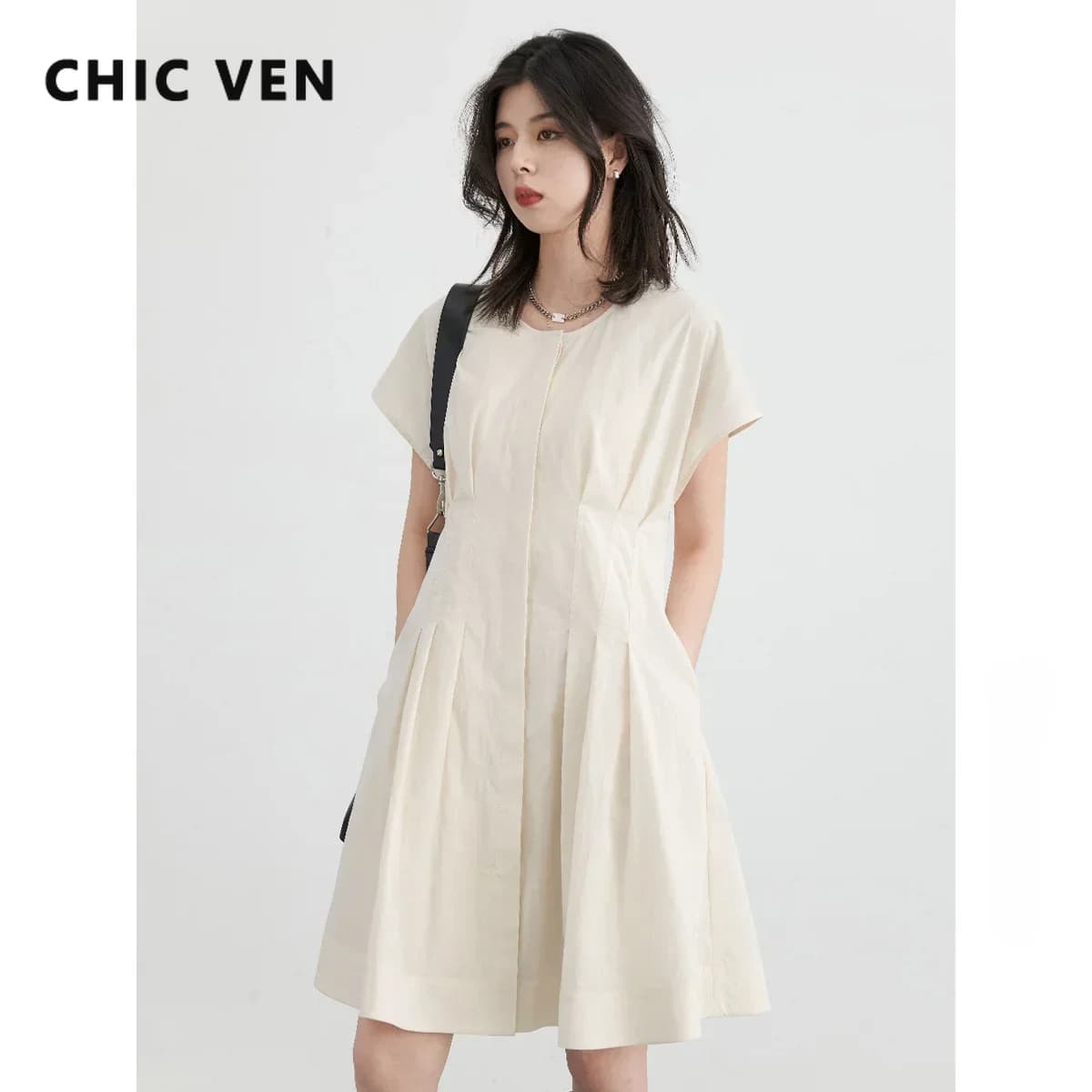 CHIC VEN Abiti da donna monopetto solido nuovo girocollo pieghettato abito femminile una linea ufficio abbigliamento donna estate 2025