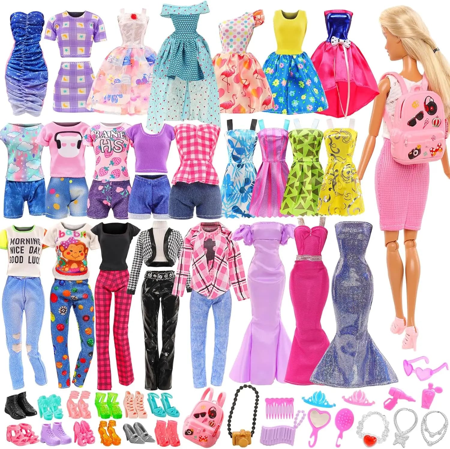 Barwa 36 PZ 3 Abiti alla moda 3 Top e pantaloni casual Completi 6 pezzi Abiti con 1 borsa 10 scarpe, 13 accessori