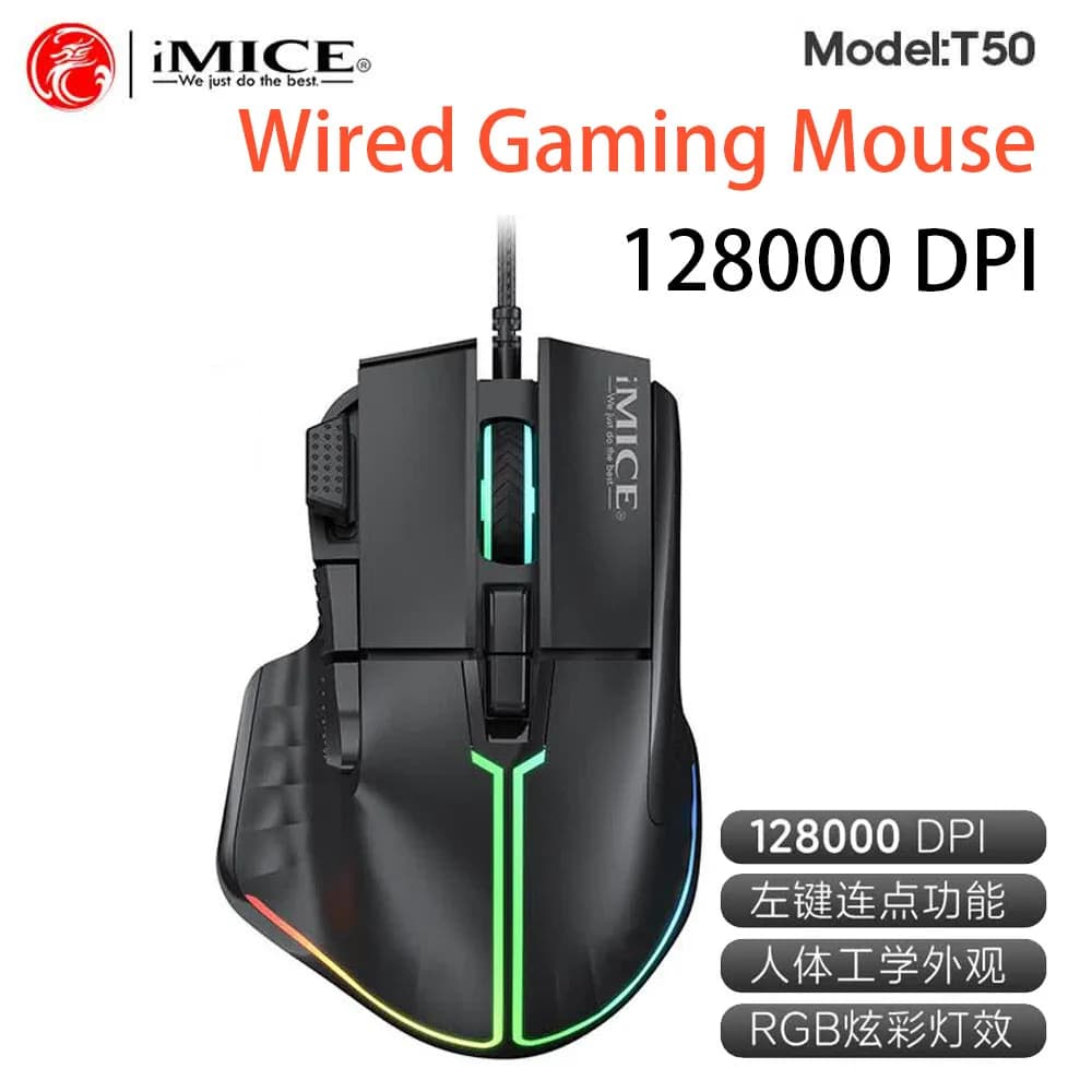 IMICE T50 USB Wired Mouse RGB Backlit Mouse Ergonomic Gaming Mouse Plug And Play For PC Computer Laptop Windows Mac OS 128000DPI