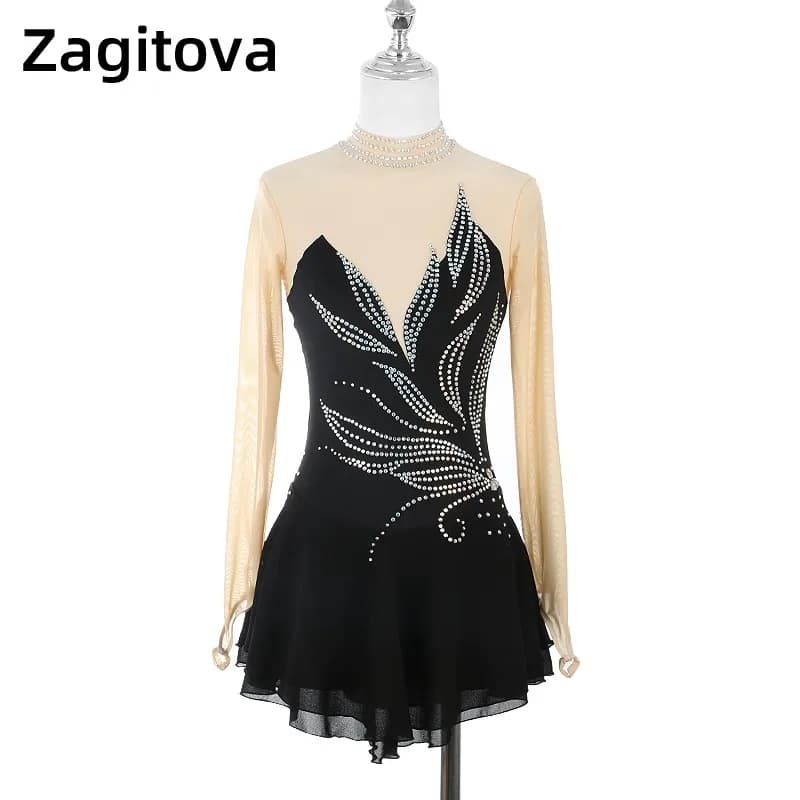 vestito da pattinaggio artistico personalizzato vestito da prestazione gonna da pattinaggio su ghiaccio per ragazze a maniche lunghe classificazione da competizione nero con diamanti