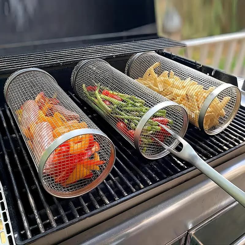 Rete per barbecue portatile in acciaio inossidabile, cestino per barbecue per grigliate all'aperto, griglia per barbecue da campeggio all'aperto