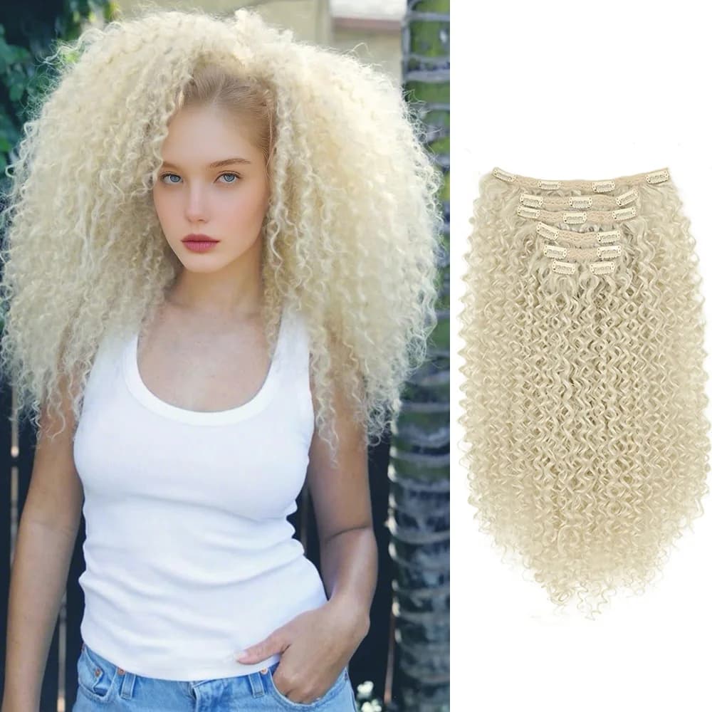 Estensioni sintetiche dei capelli biondi ricci crespi Clip Ins per le donne Estensioni dei capelli brasiliani di Remy 7 pezzi con 24 clip Biondo naturale