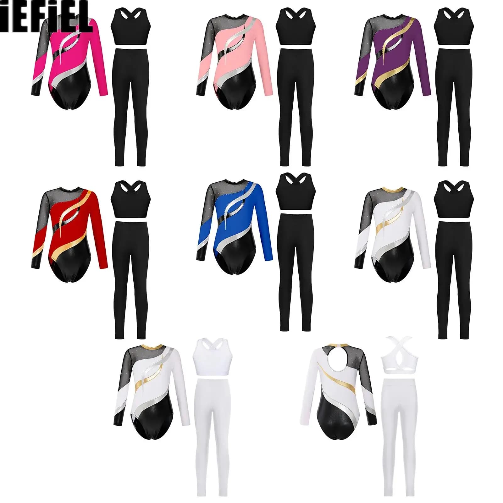 Completo da Ginnastica e Danza per Bambine con Patchwork in Rete, Strass Lucidi e Blocchi di Colore, con Gilet e Leggings