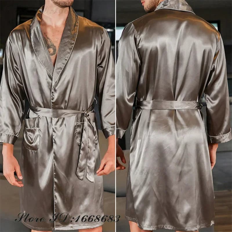 New men robe with spring summer pocket male nightwear kimono bathrobe loose casual satin silk homewear pyjamas lingerie