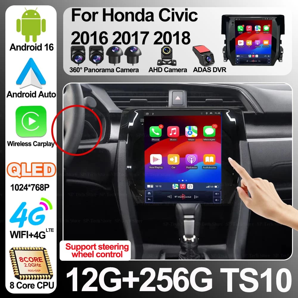 Autoradio da 9,7 pollici per Honda Civic 2016 - 2018, lettore video multimediale Android 16, navigazione GPS Carplay, schermo verticale 2 Din