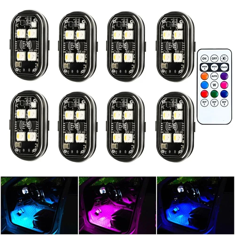 2/4 pcs environmental light for wireless car changing color decorative light for interior car with remote control LED strobe light for charging car