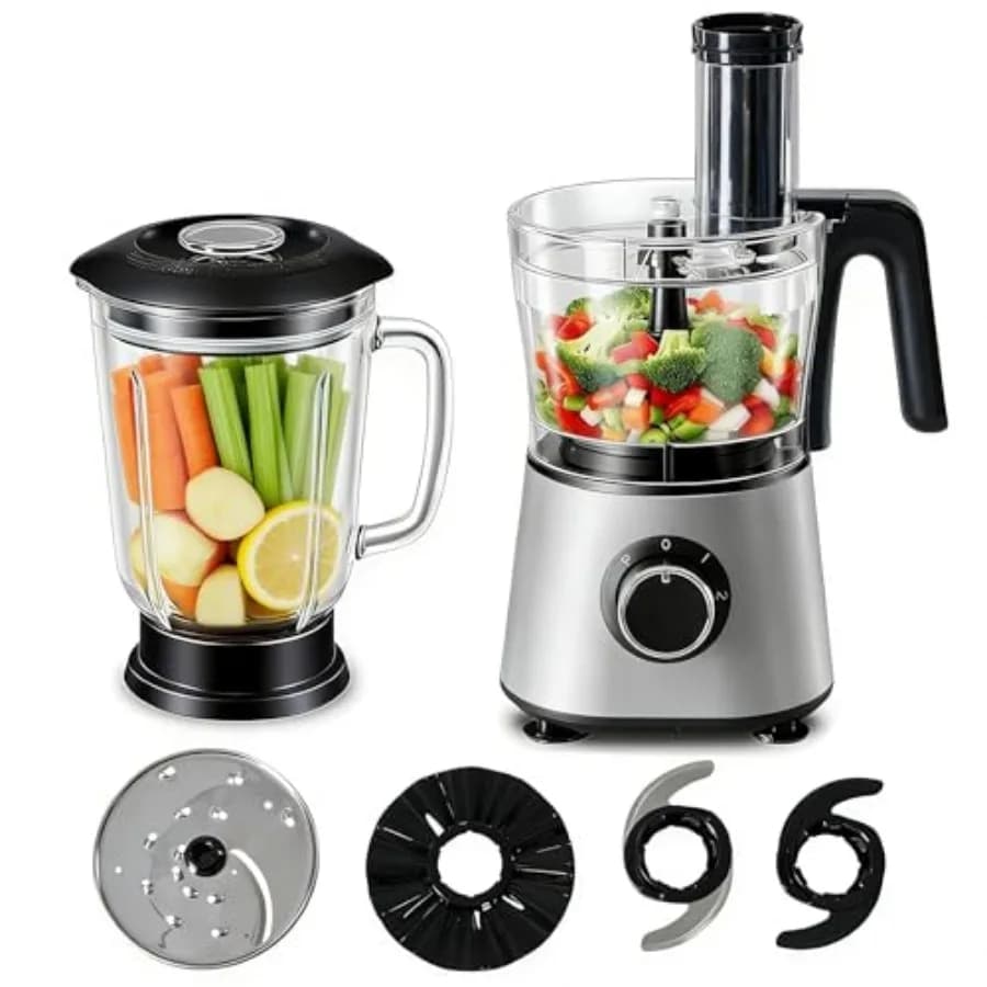 Robot da Cucina Multifunzione 300W con Frullatore, Caraffa in Vetro da 1,5L e Tritatutto da 6 Tazze, Ideale per Affettare