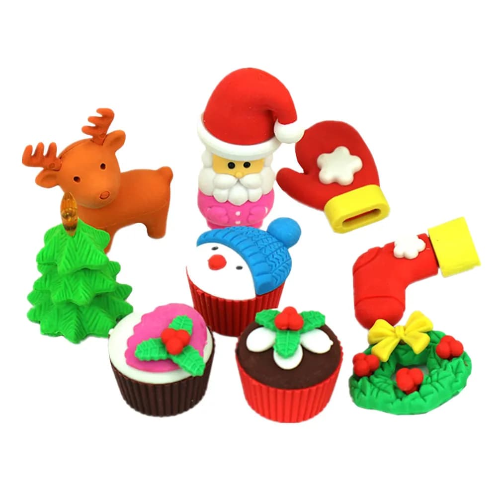 12Pcs Santa Christmas Eraser Set Creative Soft Safe Eraser for Students School Art Drawing Office Pencil Writing