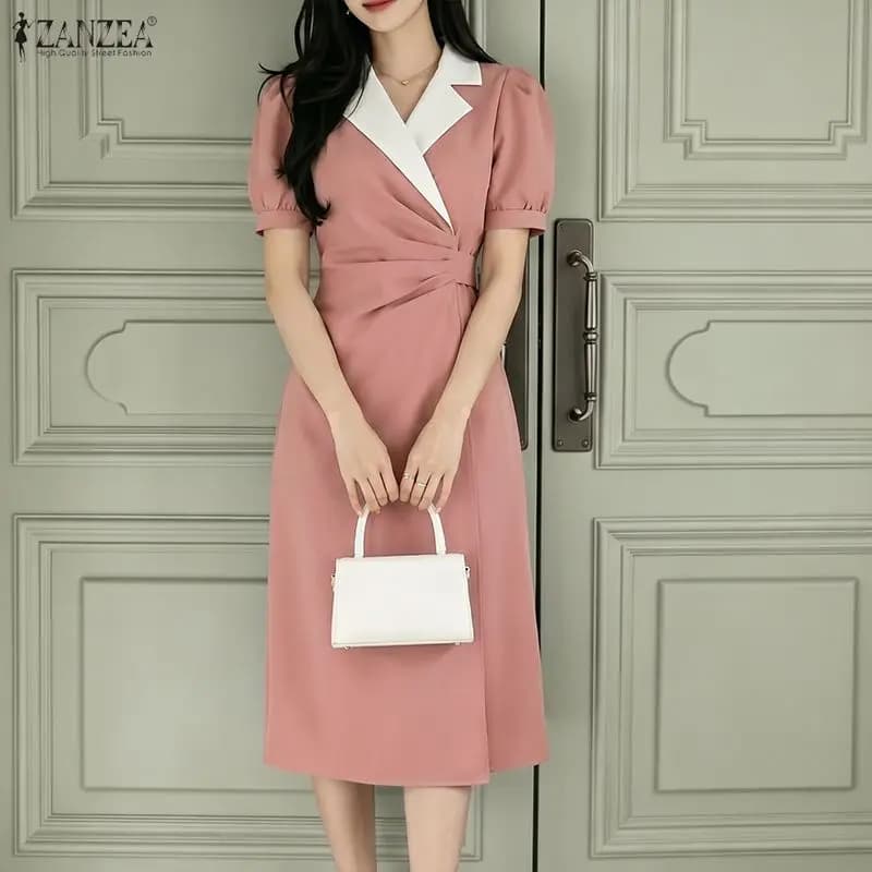 ZANZEA Women Elegant Color-Blocked A-Line Midi Dress Lapel Collar Short Puff Sleeves Bodycon Ruched Waist Office Work Vestidos