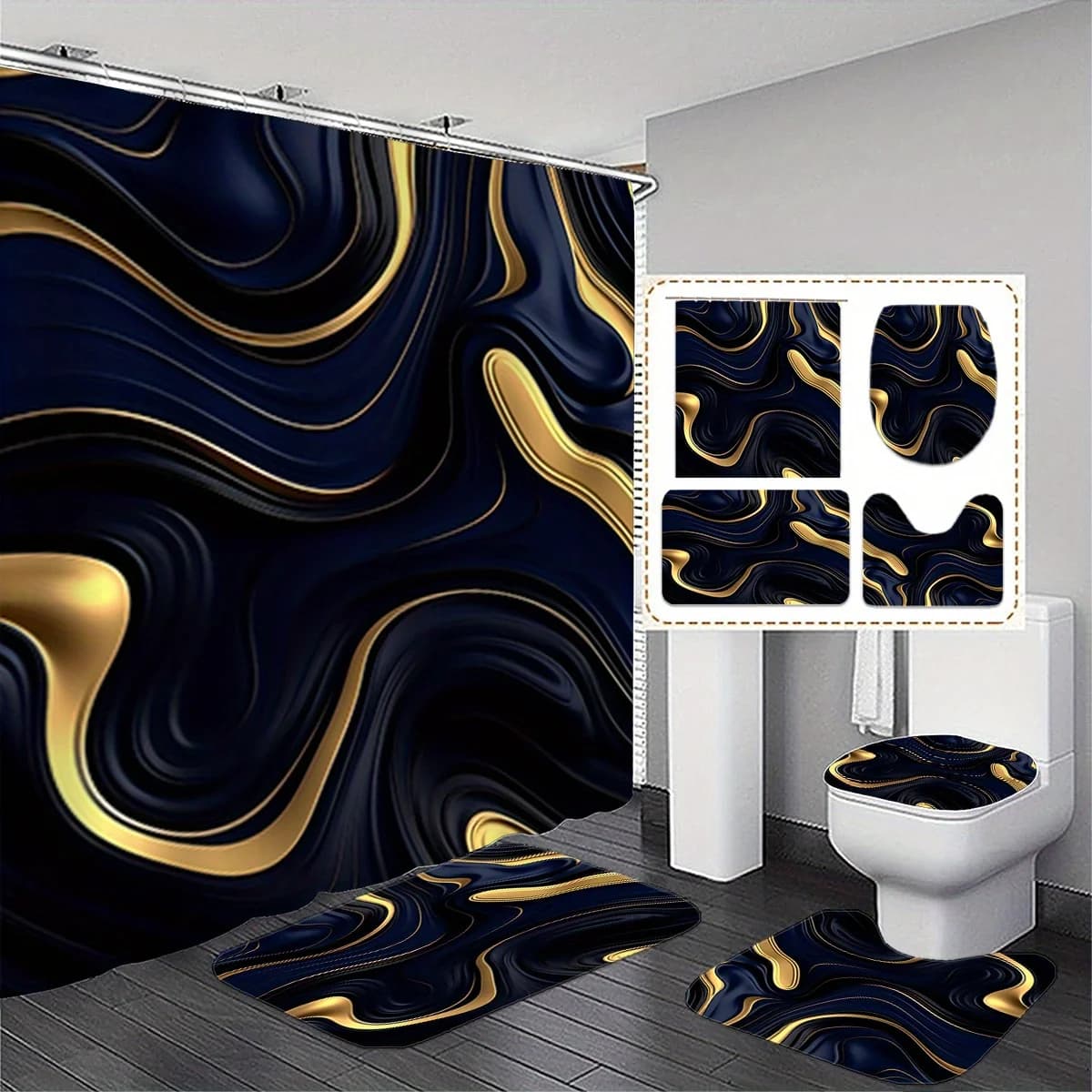 Set da bagno in oro nero da 1/3 pezzi - Tenda da doccia ondulata con 12 ganci, tappetino antiscivolo e sedile WC, arredamento moderno per il bagno