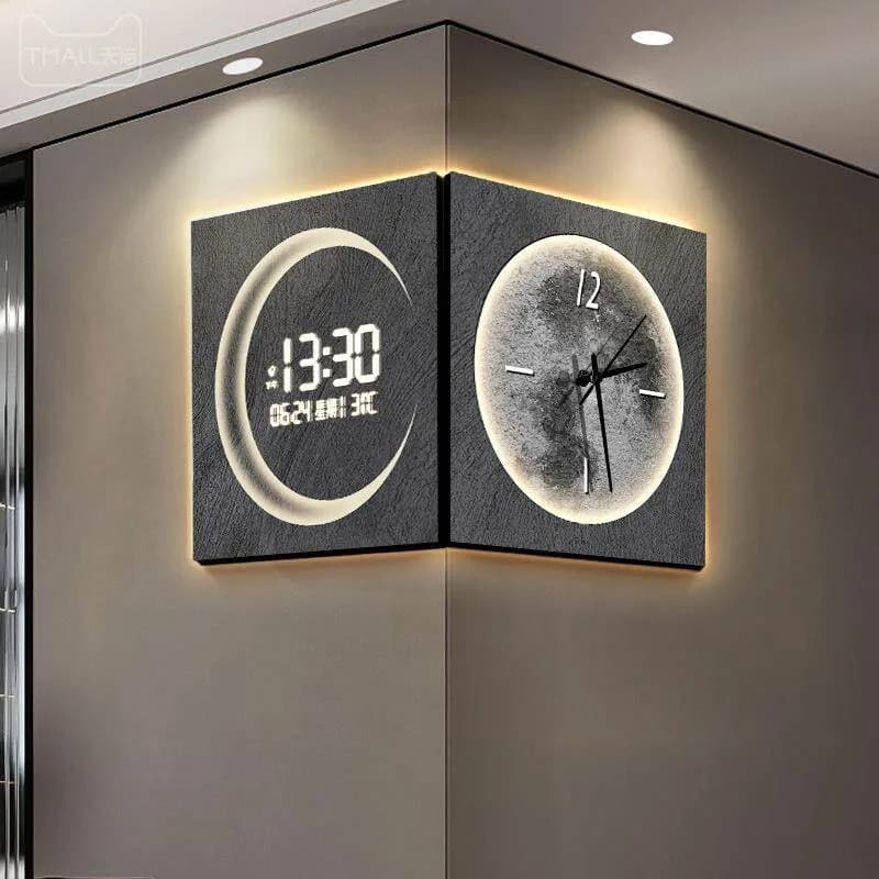 Orologio da parete angolare bifacciale, lampada da parete creativa per soggiorno, calendario perpetuo, display digitale avanzato.