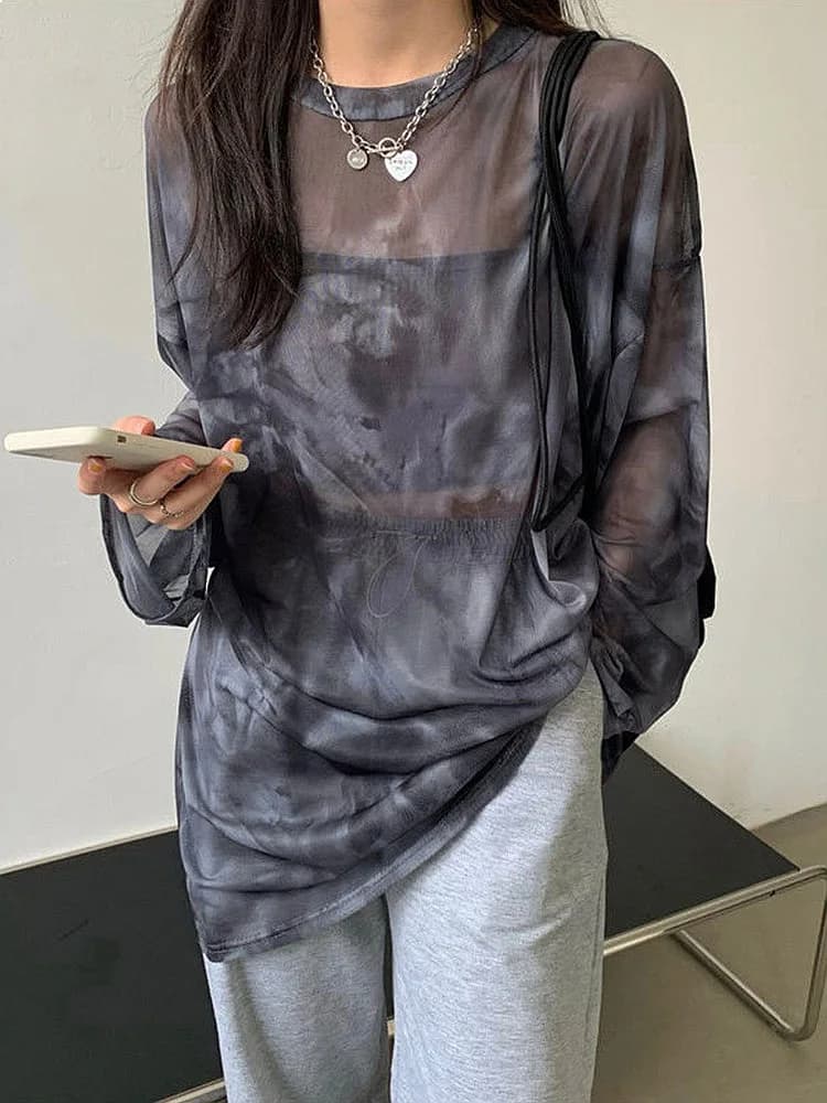 Women Tie Dye Long Sleeve T-Shirt Loose Spring High Street Casual Harajuku Fashion Tunic Blouse