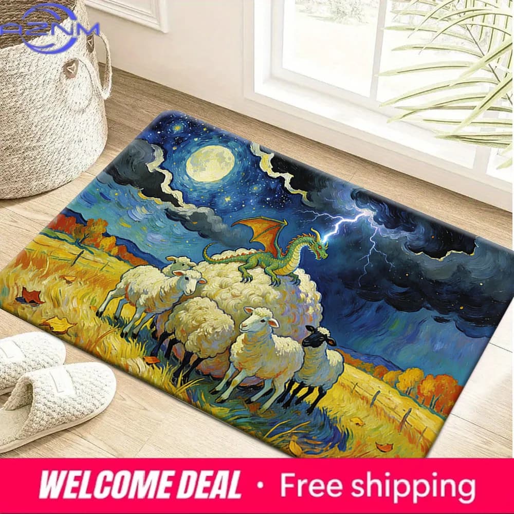 Dragon on Giant Sheep Starry Night Lightning Farm Non-Slip Doormat Soft Floor Mat