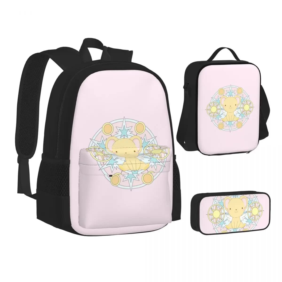 Zaini Kawaii Kero Sakura Card Captor per Ragazzi e Ragazze, Set Tre Pezzi con Borsa per il Pranzo e Astuccio