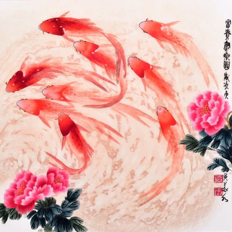 Suzhou Silk Embroidery Kit for Beginners, Carp and Peony Pattern Pre-Printed Fabric DIY Craft Set with Silk Threads and Needles