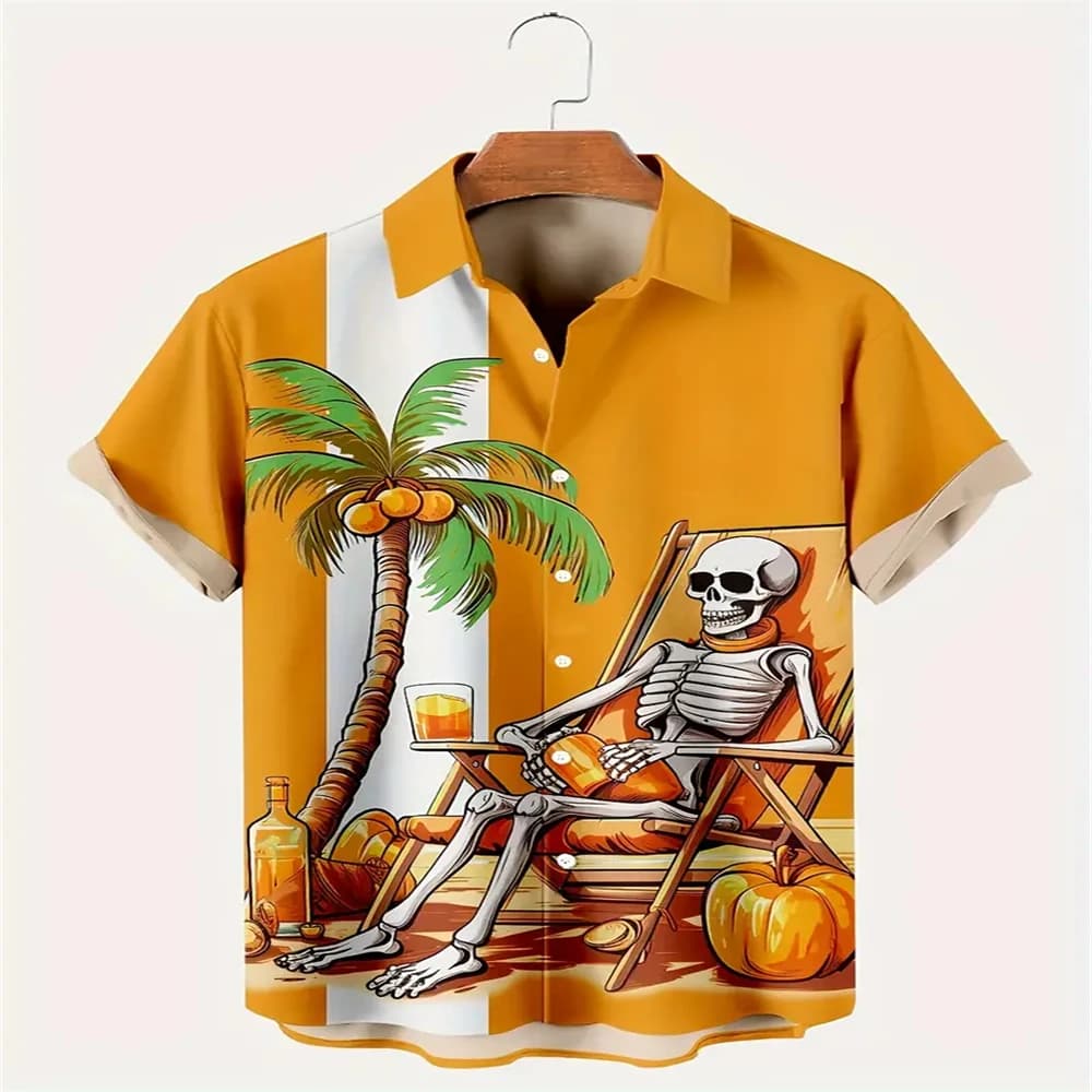 Camicia abbottonata stampata con elementi scheletrati per le vacanze hawaiane 3D da uomo, tendenza alla moda, casual, comoda e traspirante