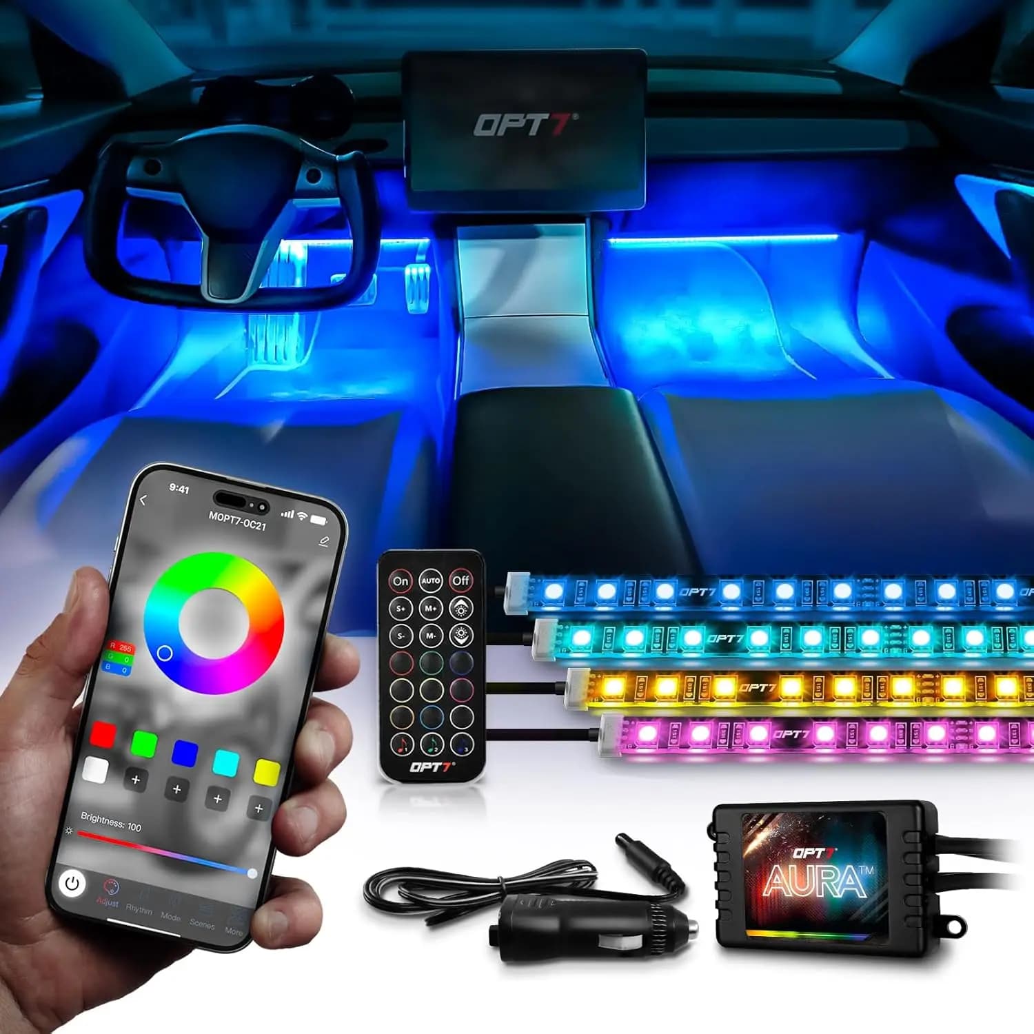 Luci Interne per Auto con App e Telecomando, Kit Striscia LED Multicolore Sincronizzata con la Musica per Auto SUV Van, 12V, 4 Pezzi a Fila Singola