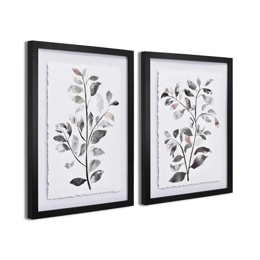 Wall decoration for bathroom with frame, botanical wall art with sage leaves plant and design with torn edges, bedroom pictures, kitchen, living room