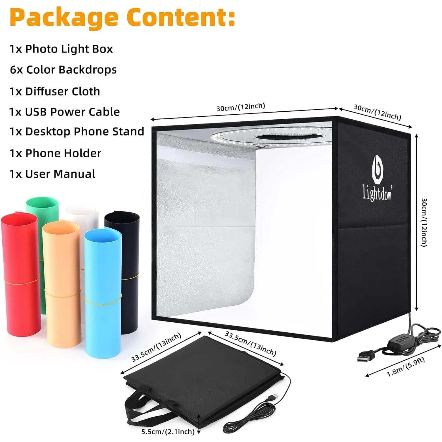 Lightdow Kit light box for photo studio 12"x12"(30x30x30 cm) with 120 LED 6 backdrops for photo Versatile dimmable portable